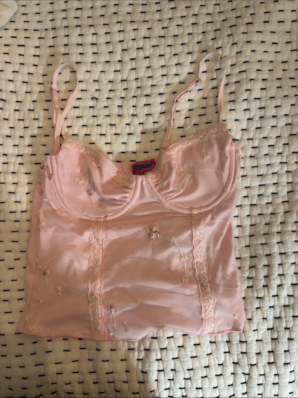 Edikted Pale Pink Satin Lace-Trim Bustier Tank